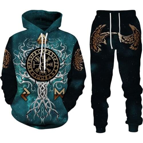 Autumn Winter 3D Viking Totem Printed Mens Hooded Sweater Set Mens Sportswear Tracksuit Long Sleeve Mens Clothing Suit