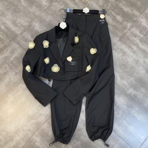 FABPOP 2021 Autumn Long Sleeve Appliques Single Button Black Slim Short Crop Blazer Full Pants Two Piece Set Tracksuits GC153