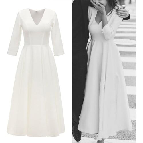 Simple Satin Bridal Gown Ankle Length Wedding Party V Neck 3/4 Sleeves 2020 Cheap Plain Bridesmaid Gown Real Sample Photo 2059