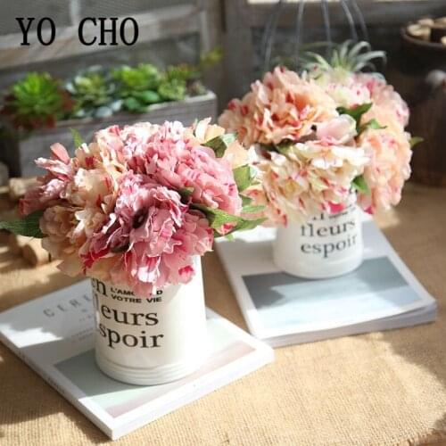 5 Heads Pink Silk Peonies Artificial Wedding Flowers for Bride Hand Silk Blooming Peony Fake Flowers White Home Desk Vase Decor