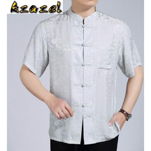 AYUANSUE Summer Chinese Style 100% Silk Shirt for Men Short-Sleeved Shirts for Men Printing Shirt Stand-Up Collar 3019 PWX03