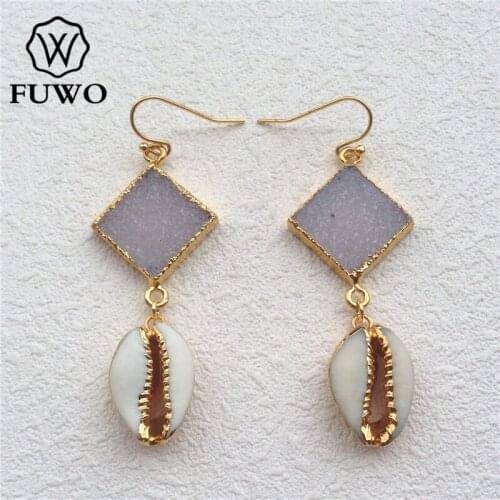 FUWO Natural Abalone Threader Earrings With 24K Gold Filled Fashion Double Horn Paua Shell Earrings Bohemia Jewelry ER518