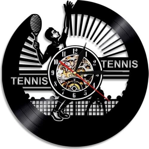 Tennis Vinyl Album Re-purposed Record Wall Clock Sport Fans Home Decor Racket Sport Tennis Player Vinyl Disk Crafts Wall Watch