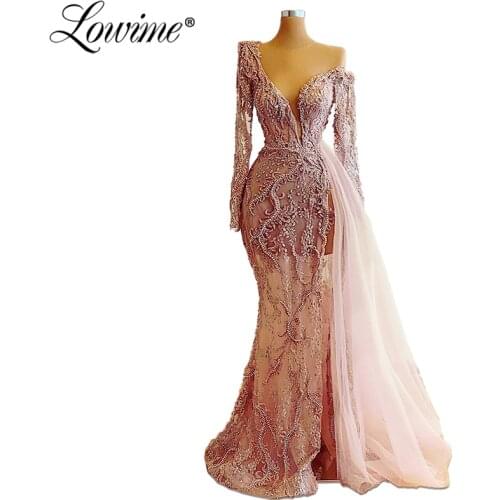 Formal Pink Beads Evening Dresses Long Sleeves Dubai Women Party Dress Mermaid Tulle Sheer Robe De Soiree 2020 Custom Made