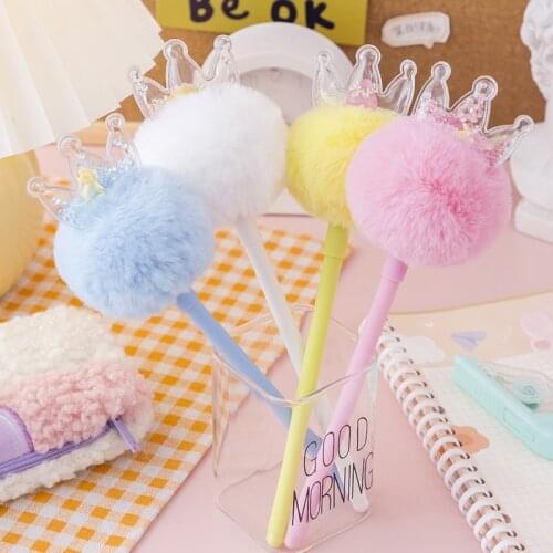 1 Piece Lytwtws Girl Plush Ball Crown Gel Pen School Officel Supplies Stationery Cute Kawaii Creative Lovely Sweet Pens