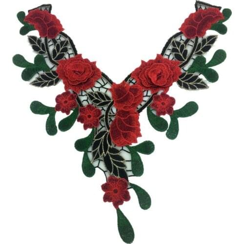 1 Piece Green with Red Embroidery Lace Collar Venise Lace 3D Flowers Neckline Applique Trim Fabric Sewing DIY Craft