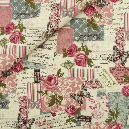 50cmx140cm Cotton Linen Fabric - Rose,,Butterfly,Postmark (363)