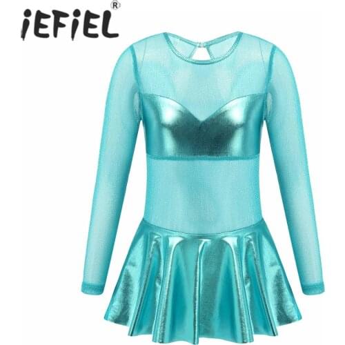 Kids Girls Glittering Figure Skating Dress See-through Keyhole Ruffle Gymnastics Leotard Latin Ballet Tango Ballroom Dancewear