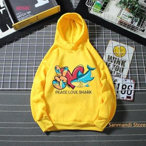 Peace Love Shark Kids Graphic Hoodie Childrens Yellow Hoodie Hooded Pullover Girls Autumn Winter Velvet Outwear Unisex Clothes