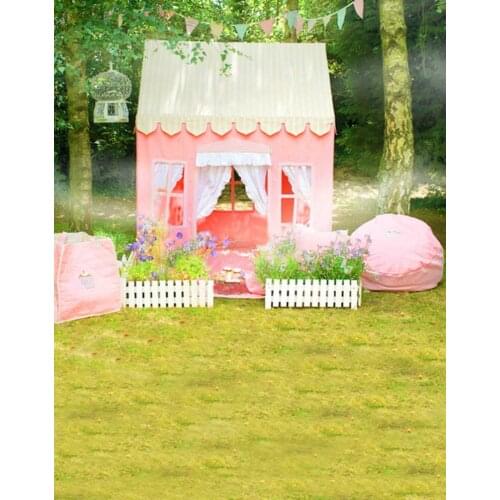 Lawn Pink House Tree Photography Backdrops Photo Props Studio Background 5x7ft