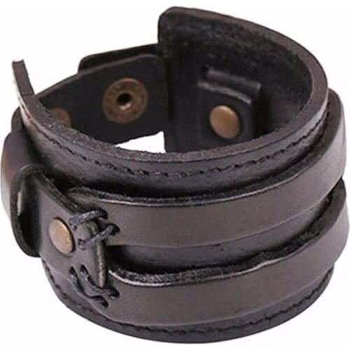Men Retro Genuine Leather Buckle Punk Cuff Bangle Wristband Bracelet Handmade Black Bracelets Jewelry