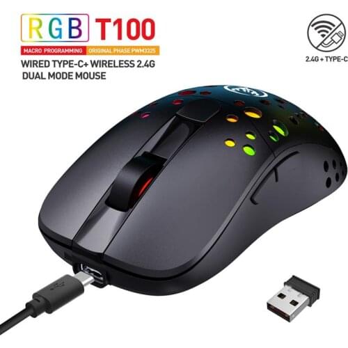 T100 Wired+2.4G Wireless Macro Programming Dual-mode Mouse RGB Glare Gaming Mouse 10000DPI And 1000HZ Adjustable Long Standby
