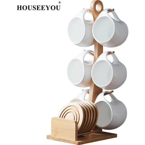 Ceramic Coffee Cup and Saucer Set Flower Tea Cup Household Cup Creative with 6 Sets of Shelves with Hanging Cups