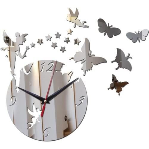New 3D mirror effect wall clock fairy butterfly home decoration clock for living room kids bedroom modern design silent watch