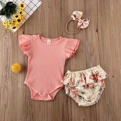 New Summer Infant Clothes Baby Girl Ruffled Ribbed Bodysuit Girls Floral Shorts Headband Newborn 3Pcs Set