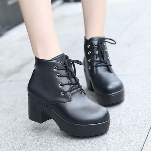 Spring And Autumn New Fashion Casual Boots Womens Thick With Round Head Lace High Heels Wild Waterproof Boots Bota Feminina