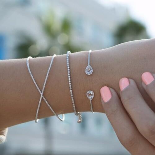 Open cuff bangle bracelet 2018 fashion jewelry daily wear pear tear drop CZ double sided Cubic zirconia matal wire bangles