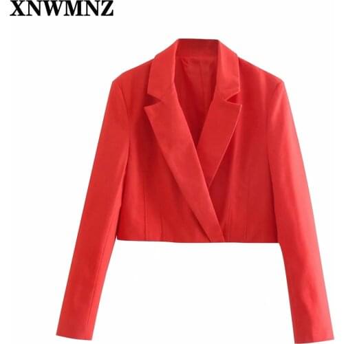 XNWMNZ New women Fashion Red linen blend cropped blazer coat Female Sexy V-neck long sleeve double-breasted blazer top Chic Tops