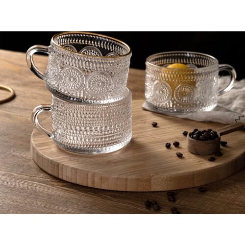 Embossed Cup Nordic Style Retro Phnom Penh Sunflower Glass Cups With Handle Milk Oatmeal Breakfast Mug
