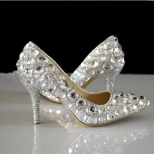 2018 Handmade Silver Rhinestone Formal Shoes Pointed Toe Crystal Heels Wedding Shoes 3Inches High Heel Pumps Bridesmaid Shoes