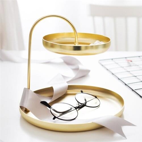 Nordic Double Layer Gold Cosmetics Storage Tray Fruit Plate Jewelry Earrings Rack Holder Display Stand Finishing Racks Organizer