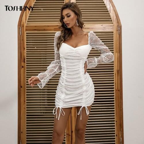 Tosheiny Elegant Bodycon Short Dresses 2021 Long Seelve Party Dress Solid Color Club Sexy Mini Dress M01313