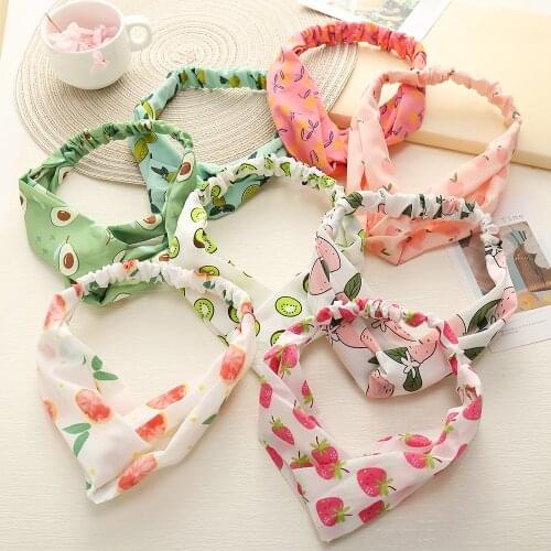 Korean Sweet Cross Head Band Chiffon Printing Fruit Headbands Lemon Strawberry Avocado Accessories Wholesale Hair Accessories
