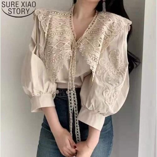 Vintage Lace Blouse Autumn Hollow Shirts Women Embroidery Big Lapel Blouse Women Korean Fashion Lantern Sleeve New Blusas 16125
