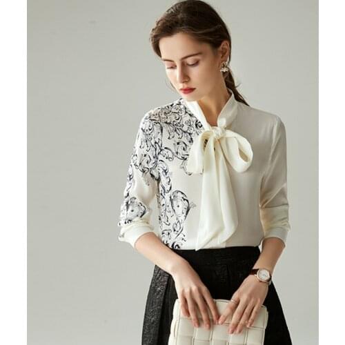 100% Silk Blouse Women Shirt Vintage Printed Solid Long Sleeves Lace Up Neck Office Work Top Elegant Style New Fashion