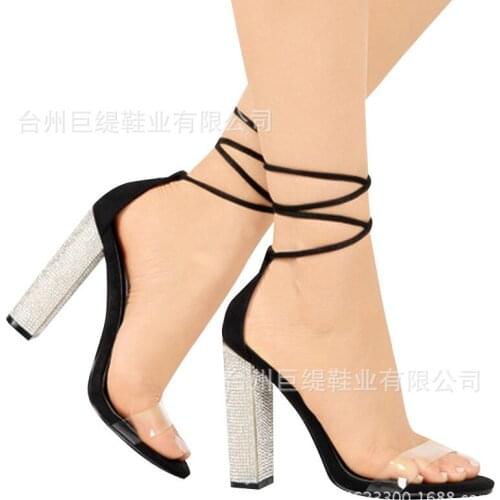 Women sandals PU Lace Up 8CM Thick heel High heels Round Toe Shallow Rhinestones Front & Rear Strap women shoes size 35-42