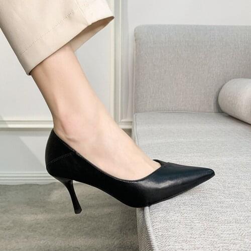Koovan Womens Office Black High-heeled Shoes Women 2021 Point Single Shoes Work Shoes Pumps Soft Leather Professional OL