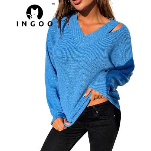 INGOO Autumn Sexy V Neck Leaked Shoulder Sweater Women Fashion Hollow Out Solid Long Sleeve Winter Loose Knitted Sweaters Tops