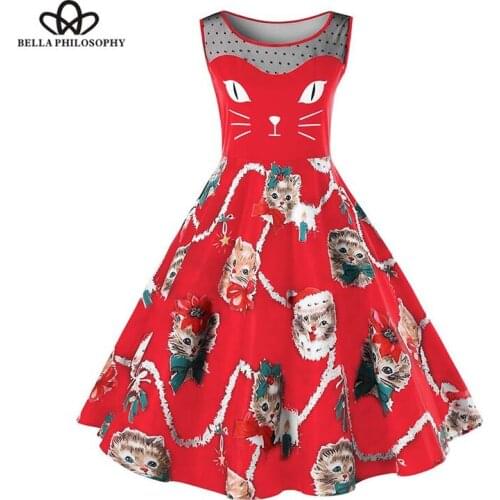 Bella Philosophy 2019 Atunmn O-Neck Sleeveless Party Dress Print Cat Vintage Casual Lace Ladies Plus Size Party Women Dress