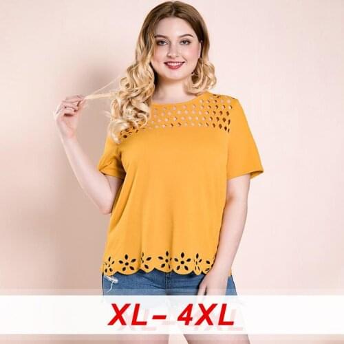 2020 Female Plus Size Tops Women Large Short Sleeve Loose Hole Casual O Neck T-shirt Yellow Oversized T Shirt Office Lady Tops