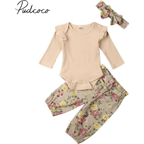 2019 Baby Spring Autumn Clothing Newborn Infant Baby Girl Ribbed Ruffle Romper Floral Pants Headband 3Pcs Outfit Clothes