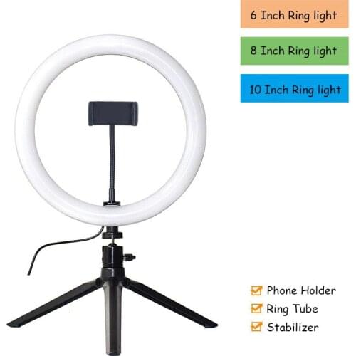 6/8/10In LED Selfie Ring Light Make Up Photography Dimmable 7200K Fill Light Tripod For Phone Stand Holder USB Plug Ringlight