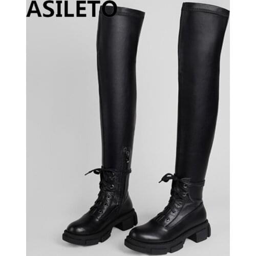 ASILETO Slim Flat Thigh High Boots Platform Women Slim Thick Sole Over The Knee Boots Women Shoes Black Winter Long Boots Cool