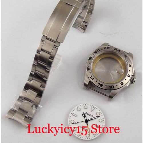 BLIGER 43mm Mental Automatic Watch Case with Sapphire Glass for MINGZHU 3804 GMT Oyster Strap White Dial