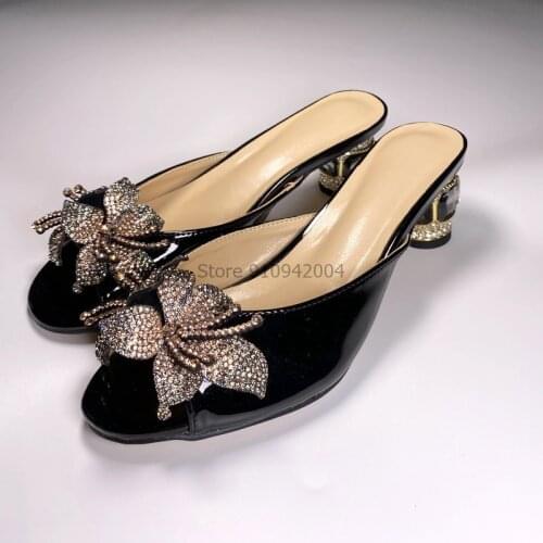 Women Rhinestone High Heels Sandals Shoes Lady Summer Sexy Party Design 6CM Block Heels Front Flower Dress Shoes