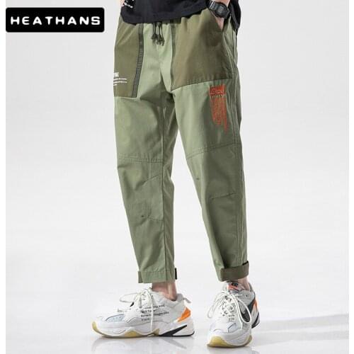Mens Korean Sports Cargo Pants Male Straight Summer Thin Casual Ankle Length Pant Men Color Contrast Pocket Decoration Trousers