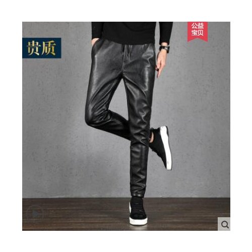 Elastic waist leather pants mens feet pants fashion motorcycle pu trousers men Plus velvet thick personality pantalon homme