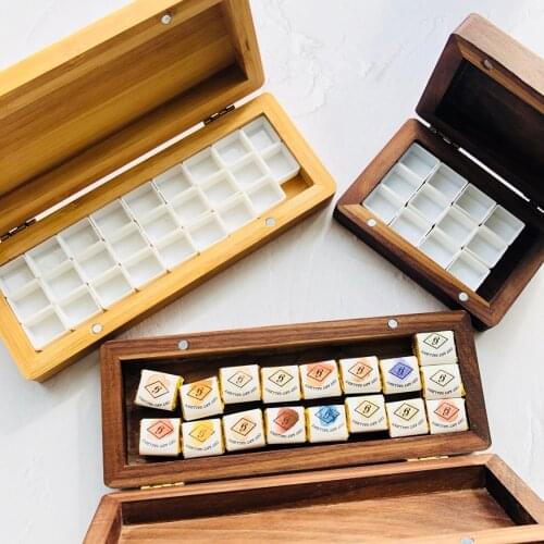 Handmade wooden watercolor pallette North America walnut pigment box half solid acuarela box retro travel paint tray paletas