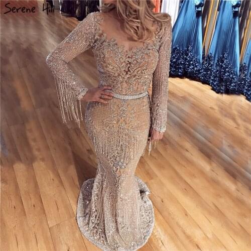 Dubai Luxury Long Sleeve Sparkle Tassels Prom Dresses 2019 Sequined Beading Sexy See Through Robe De Soiree Ⅰ DLA60707