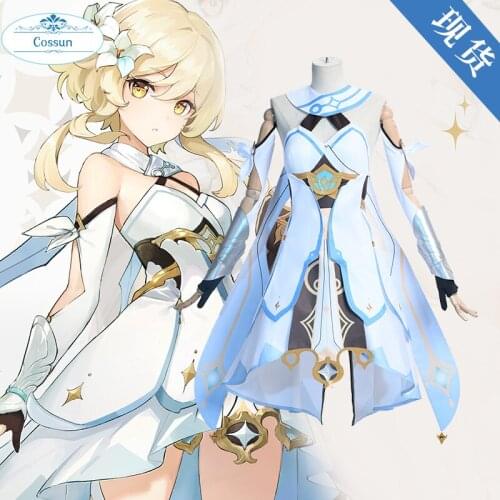 Genshin Impact Cosplay Costume Traveler Lumine Cosplay Costume Women White Costume Halloween Dress Stocking Belt Suit