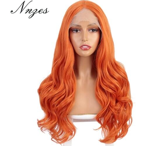 NNZES 26inches Long Body Wave Lace Front Orange Synthetic Wigs Middle Part Wig Red Black Color for Women Cosplay Hair
