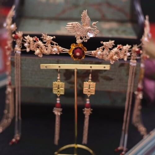 New Chinese style tassel hair sticks tiara earrings sets vintage Phoenix crown wedding hair accessories