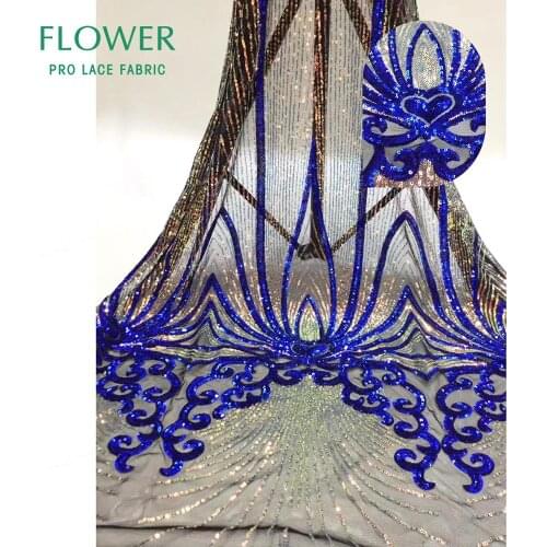 Dazzling Design Indian Sequined Tulle Lace Fabrics In Blue Embroidered Guinea Women Wedding Bride Dress Net Lace Sewing Material