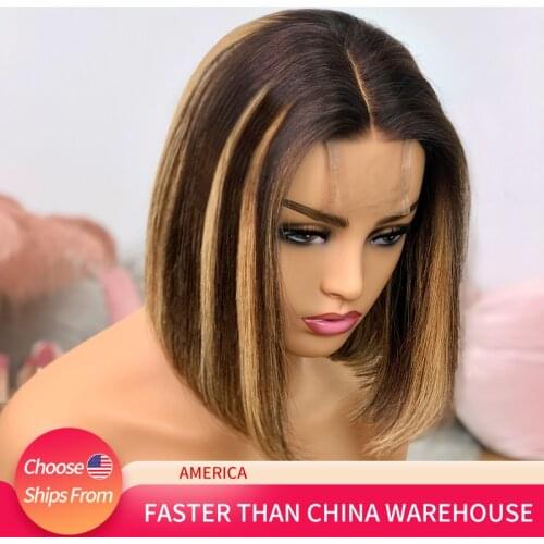 Honey Blonde Lace Closure Wigs Highlight Brown Ombre Human Hair Wig 2X6 Brazilian Straight 150% Remy Lace Bob Human Hair Wigs