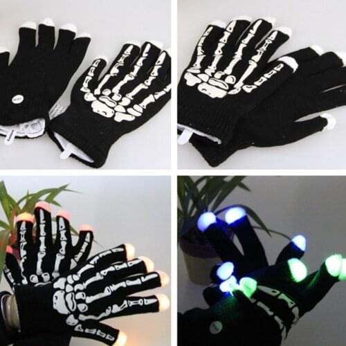 1pair Black Skeleton LED Gloves Fingers Light Up toy Hip-Hop Fashion glow party Gloves decoration Night Light Cotton Glove