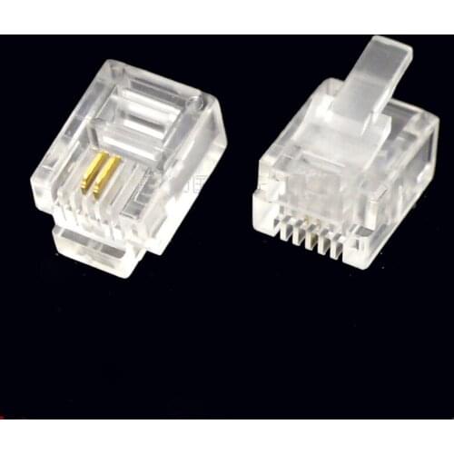 50pcs RJ11 Connector Crystal Head 6P2C Two-wire Adapter Telephone Line Connector Gold-plated Copper General-purpose PC Material